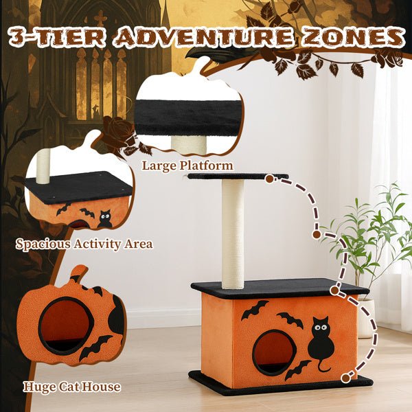 Halloween Cat Tree – Indoor Cat Tower with Condo, Platforms & Sisal Scratching Post, Orange & Black - 0