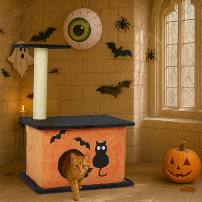 Halloween Cat Tree – Indoor Cat Tower with Condo, Platforms & Sisal Scratching Post, Orange & Black - 0