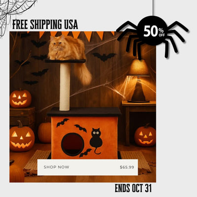 Halloween Cat Tree – Indoor Cat Tower with Condo, Platforms & Sisal Scratching Post, Orange & Black - 0