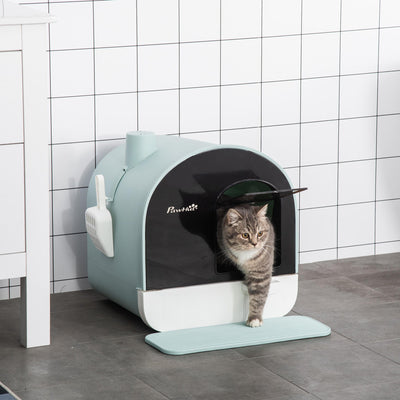 PawHut Enclosed Cat Litter Box with Lid, Tray, Spoon & Strainer – Odor Control, Easy Clean, Green (17"x17"x18.5") - 0