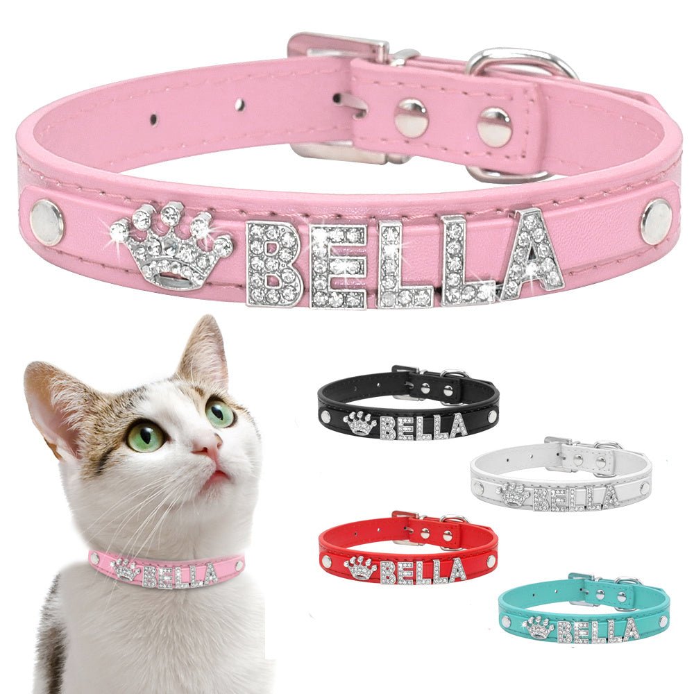 Personalized Rhinestone Cat & Small Dog Collar – Custom PU Leather with Name & Charm - 7