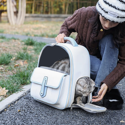 Stylish Cat Backpack Carrier – Minimalist PU Leather Pet Bag for Travel & Outings (Pink, Blue, White, Black) - 0