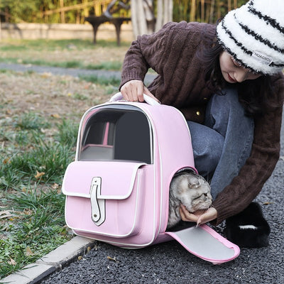 Stylish Cat Backpack Carrier – Minimalist PU Leather Pet Bag for Travel & Outings (Pink, Blue, White, Black) - 0