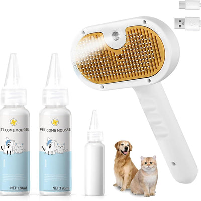 Universal Pet Steam Brush for Cats & Dogs – 3 - in - 1 Spray Hair Removal Comb with Waterless Shampoo & Ear Wipes - 0