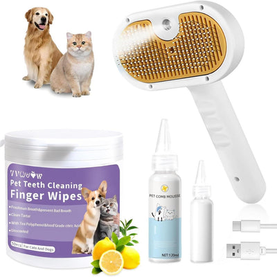 Universal Pet Steam Brush for Cats & Dogs – 3 - in - 1 Spray Hair Removal Comb with Waterless Shampoo & Ear Wipes - 0
