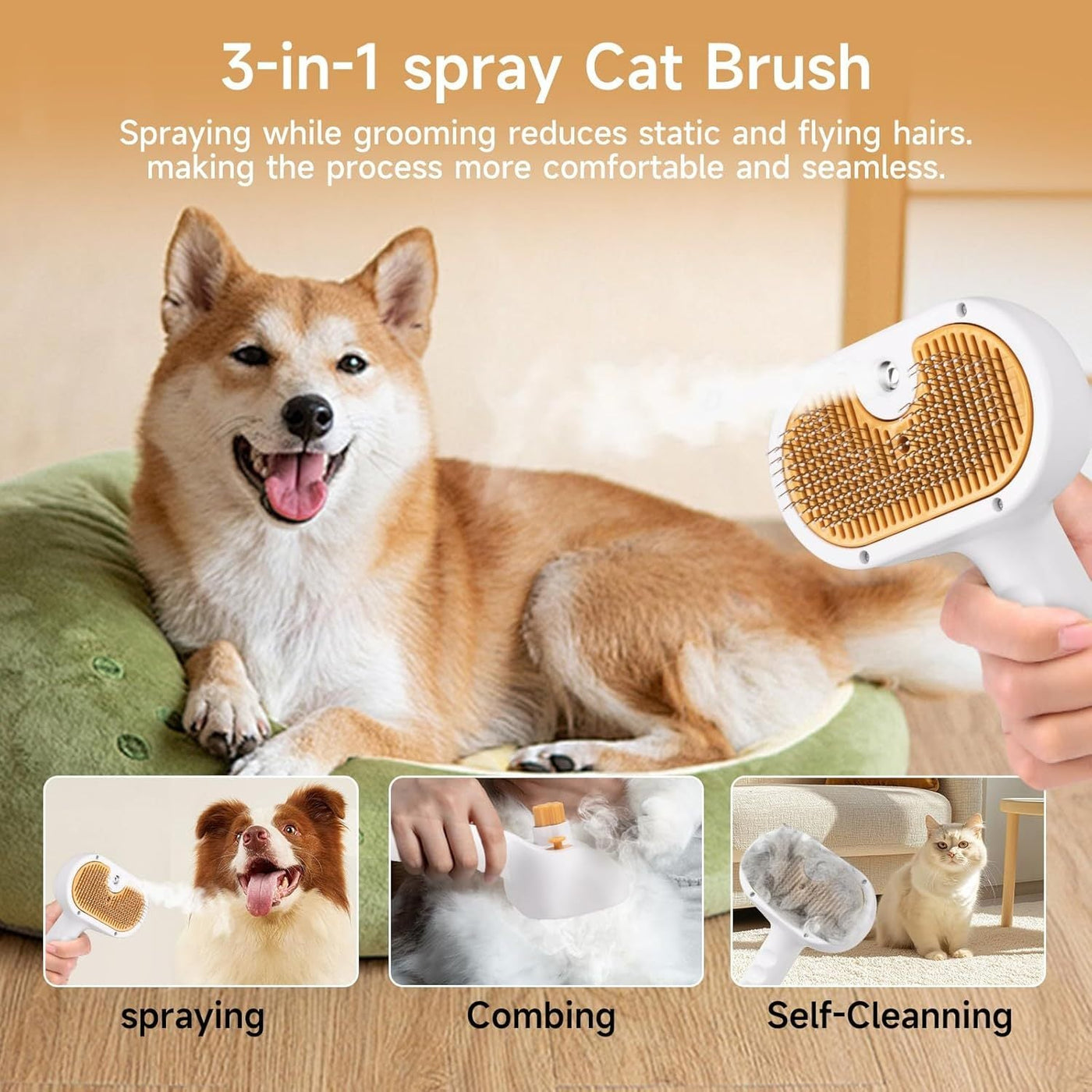 Universal Pet Steam Brush for Cats & Dogs – 3 - in - 1 Spray Hair Removal Comb with Waterless Shampoo & Ear Wipes - 0