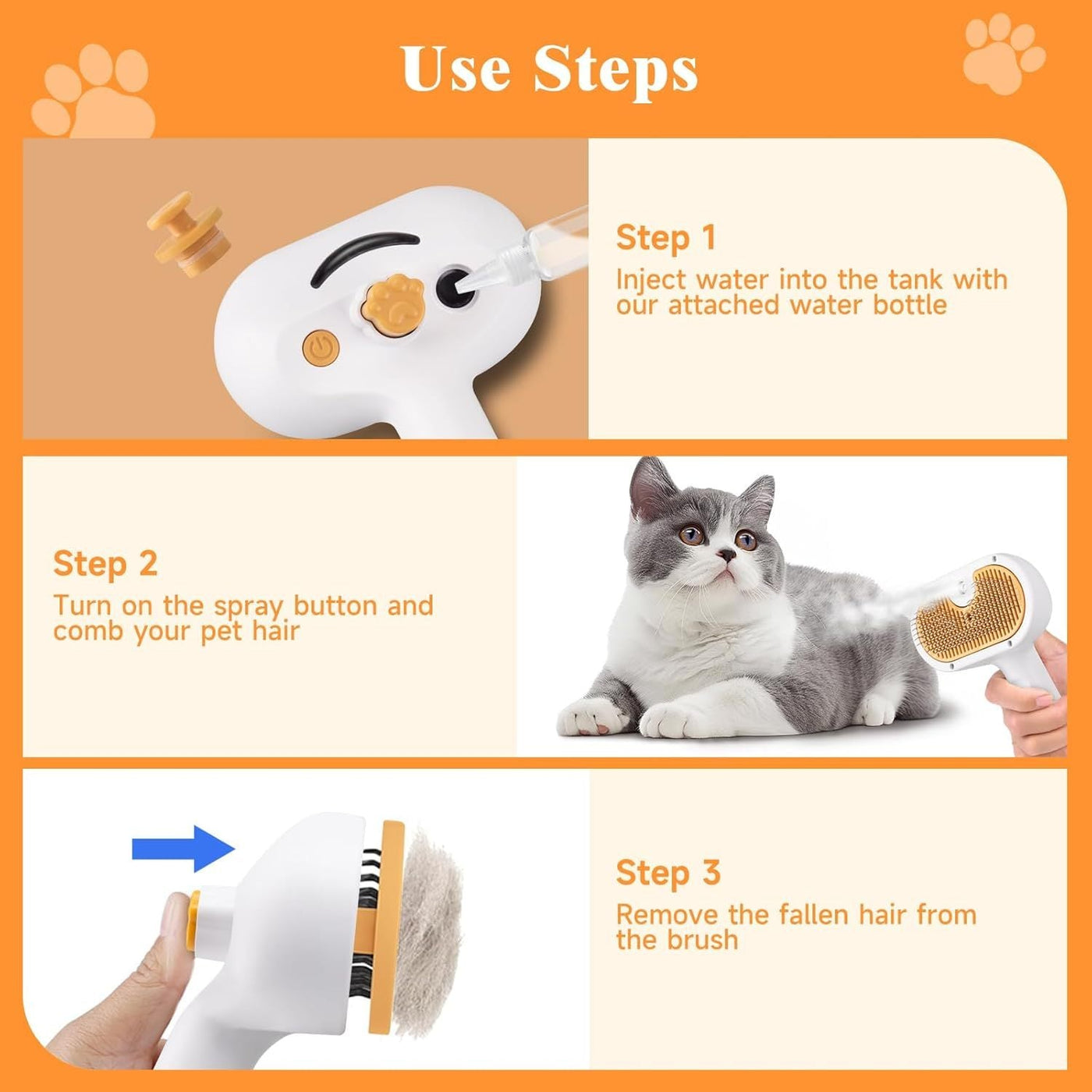 Universal Pet Steam Brush for Cats & Dogs – 3 - in - 1 Spray Hair Removal Comb with Waterless Shampoo & Ear Wipes - 0