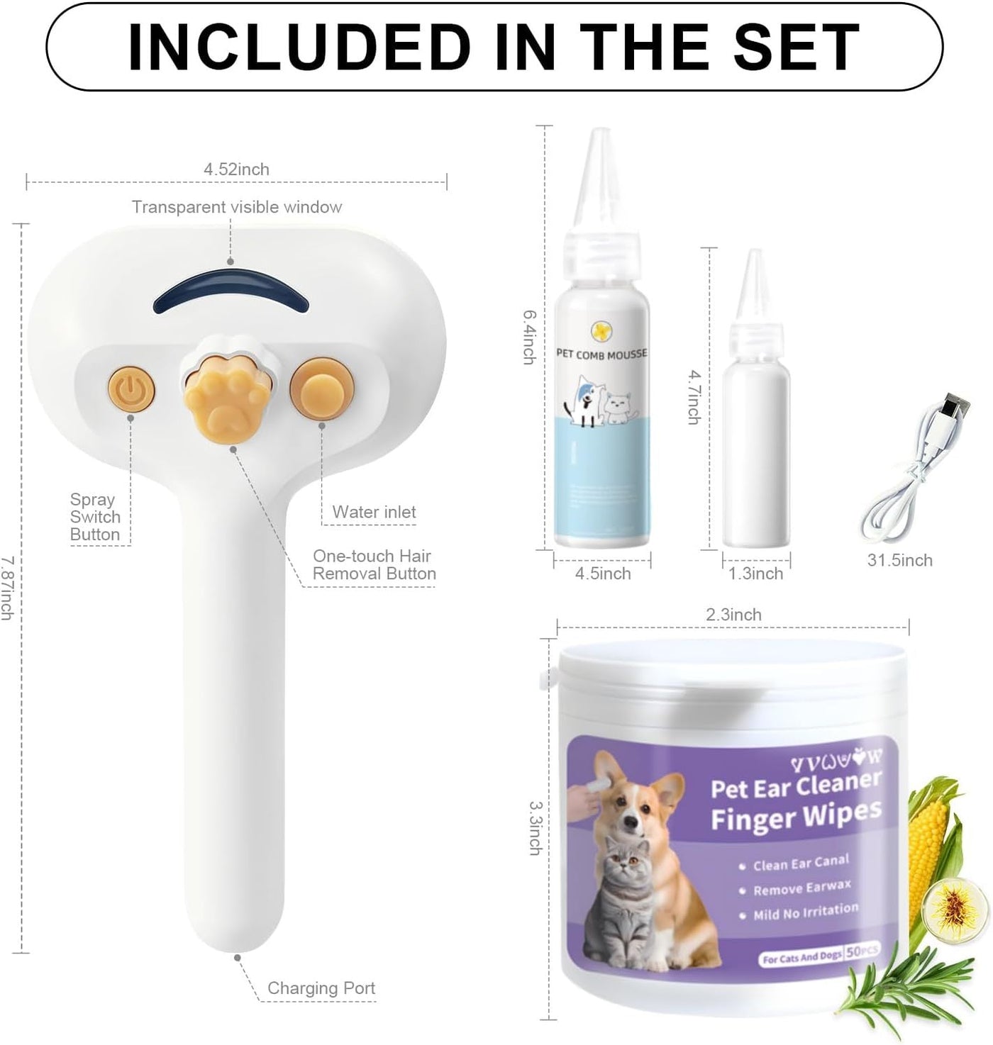 Universal Pet Steam Brush for Cats & Dogs – 3 - in - 1 Spray Hair Removal Comb with Waterless Shampoo & Ear Wipes - 0