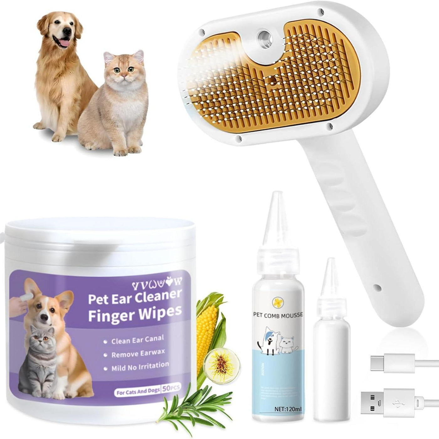 Universal Pet Steam Brush for Cats & Dogs – 3 - in - 1 Spray Hair Removal Comb with Waterless Shampoo & Ear Wipes - 0