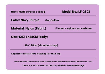 Warm Large - Capacity Pet Crossbody Bag – Multi - Purpose Nylon Carrier with Poop Bag & Pillow (Khaki/Yellow & Navy/Purple) - 0