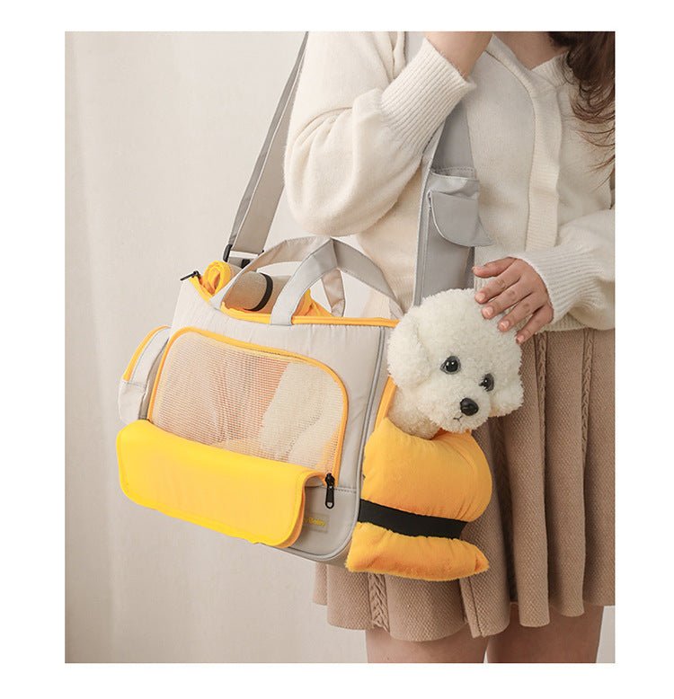 Warm Large - Capacity Pet Crossbody Bag – Multi - Purpose Nylon Carrier with Poop Bag & Pillow (Khaki/Yellow & Navy/Purple) - 0