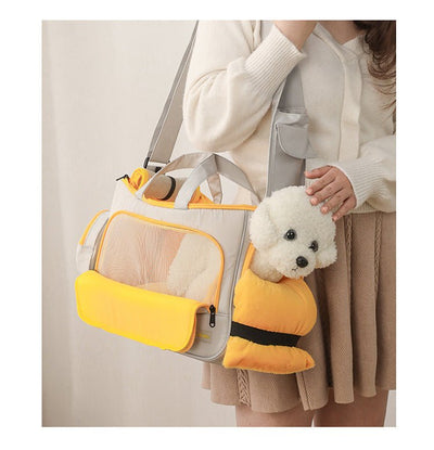 Warm Large - Capacity Pet Crossbody Bag – Multi - Purpose Nylon Carrier with Poop Bag & Pillow (Khaki/Yellow & Navy/Purple) - 0